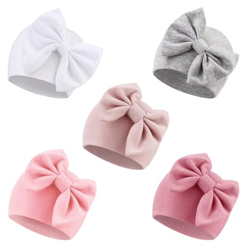 DRESHOW BQUBO Newborn Baby Girls Hats Hospital Hat Baby Cotton Beanie Infant Big Bow Hats for 0-24 Months