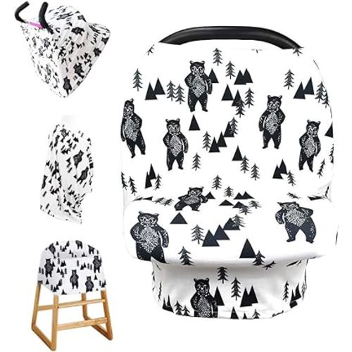 Stretchy Baby Car Seat Cover for Baby Boys and Girls,Multiuse - Nursing Breastfeeding Covers,Shopping Cart/High Chair/Stroller Covers,Infinity Scarf,Car Seat Canopies(Ink Bear)