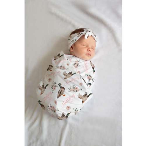 Girl Mallard Duck Swaddle Set, Duck Swaddle Baby Blanket, Personalized Swaddle Blanket, Duck Hunter Baby Blanket, Duck Nursery Decor B33