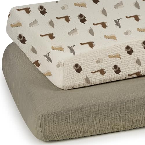 lulumoon Baby Muslin Crib Sheets - Toddler Cotton Fitted Crib Sheets Neutral for Boys and Girls 2Pack (Olive Dinosaurs, Crib)