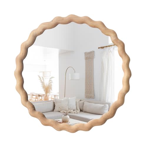 Irregular Wall Mirror,Wood Round Farmhouse Mirror Unique Vanity Mirror,24" Nature Wooden Modern Bathroom Mirror for Washroom Living Room Bedroom