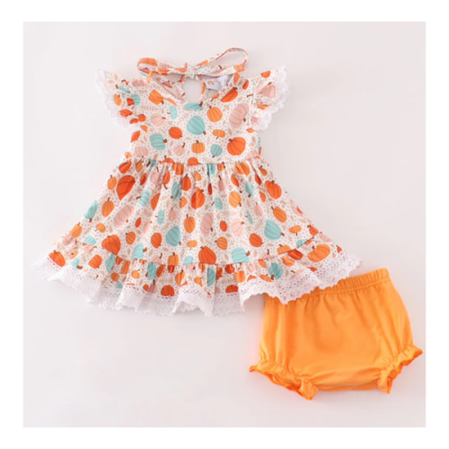 Orange pumpkin print ruffle bloomer set