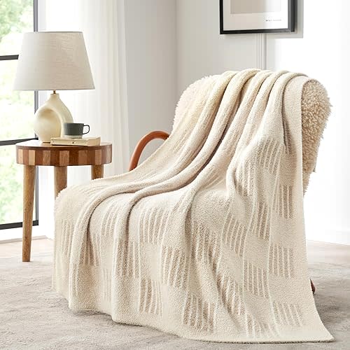 Snuggle Sac Cream Checkered Throw Blanket,Fluffy Faux Fur Reversible Soft Microfiber Warm Throw Blankets for Couch, Sofa,Travel,Cute Lightweight Striped Throws for Women, Heather Cream, 50x60 inches