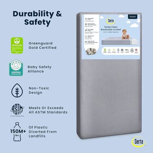 Serta Perfect Start Breathable Limited Two -Stage Crib Mattress and Toddler Mattress - Breathable Cover and Fiber Core, Machine Washable Cover, Waterproof, 7 Year Warranty, Made in USA