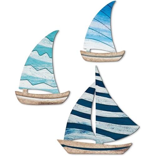 Putuo Decor 3 Pcs Wooden Sailboat Wall Decor Beach Nautical Coastal Sailboat Wall Sculpture Wood School of Sailboat Wall Art Self-adhesive Sailboat Lake House Ocean Decor Vintage Ornaments for Home Bathroom