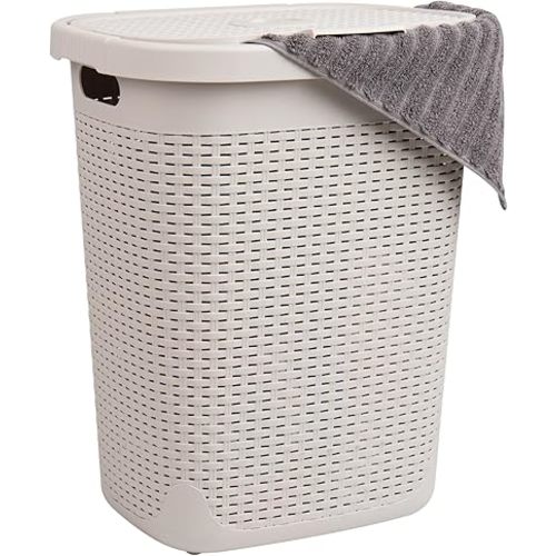 Mind Reader 50L Slim Laundry Hamper, Clothes Basket, Lid, Wicker Design, Plastic, 17.65"L x 13.75"W x 21"H, Ivory