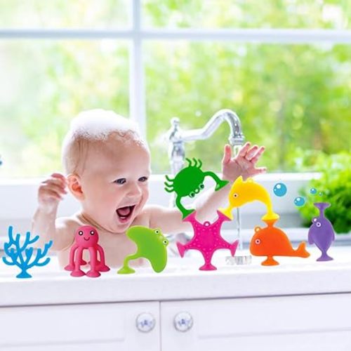 Suction Bath Toys for Kids, 9 PCS Silicone Ocean Animal Suction Cup Toys, Mold Free No Hole Bathtub Toy, Sensory Window Building Toy Gifts for Toddler Children Kids Over 1 Years