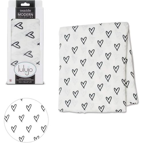 lulujo Baby Swaddle Blanket| Unisex Softest Bamboo Viscose Muslin Swaddle Blanket| Neutral Receiving Blanket for Girls & Boys | 47in x 47in Messy Heart