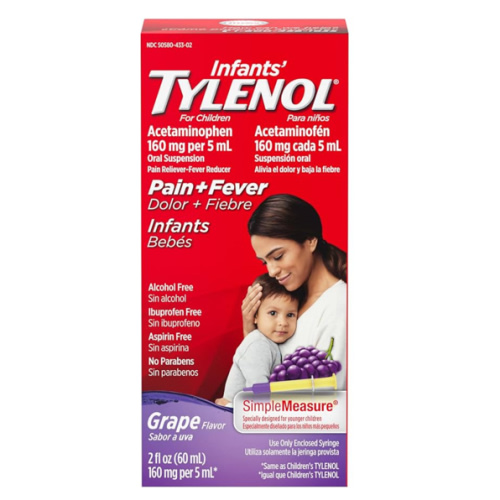Infants' Tylenol Liquid Pain Relief & Fever Medicine, Oral Suspension, Acetaminophen for Sore Throat, Headache & Teething, Pain Reliever & Fever Reducer for Kids; Grape Flavor, 2 fl. oz.; Pack of 1