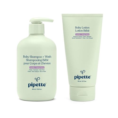 Pipette Vanilla + Ylang Ylang Baby Shampoo + Wash and Baby Lotion Duo, Clean, Tear-Free Bath Time, Sulfate-Free, Paraben-Free, Silicone-Free, Sensitive Skin, Hypoallergenic, Non-Toxic