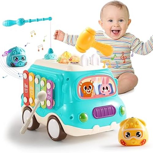 Baby Toys for 1-2 Year Old,Toddler Toys Early Learning Montessori Toys 6-12-18 Months+,6 in 1 Montessori Toys,Musical Bus Baby Toys Christmas Birthday Gifts