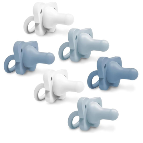 Dr. Brown's HappyPaci 100% Silicone Baby Pacifier, Contoured One-Piece Design, White, Blue, Light Blue, 0-6m, BPA-Free, 6 Pack
