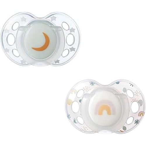 Tommee Tippee Night Time Glow in the Dark Pacifiers, Symmetrical Design, BPA-Free Silicone Nipple, Includes Sterilizer Box, 18-36 months, (Pack of 2) Pacifiers (Assorted design)