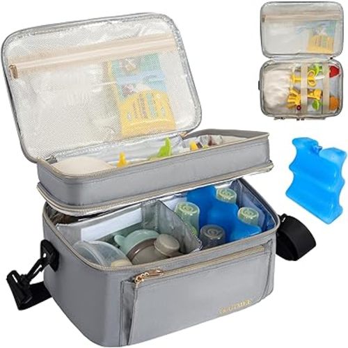 Wearable Breast Pump Bag, Double Layer Breastmilk Cooler Bags Portable Breastfeeding Pumps Carrying Case for Nursing & Working Moms (Ice Pack included)