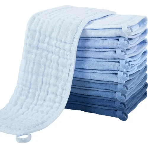 Yoofoss Muslin Burp Cloths for Baby 10 Pack 100% Cotton Baby Washcloths for Boys Girls Large 20''X10'' Super Soft and Absorbent Progressive Blue