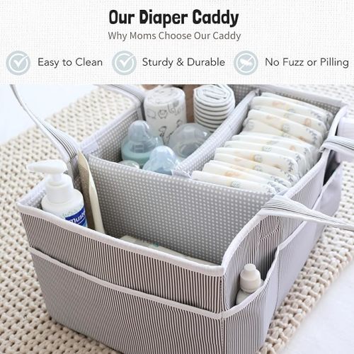 Lily Miles Baby Diaper Caddy Organizer - Baby Shower Basket for Newborn Boys or Girls - Nursery Must Haves for New Mom - Baby Registry Favorites - Large Storage Tote for Changing Table or Car, Gray