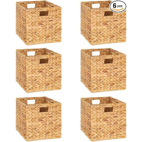 10.5 x 10.5in Storage Cubes, Water Hyacinth Storage Basket, Wicker Storage Baskets for Shelves, Woven Baskets for Storage, Square Wicker Storage Basket for Bedroom, Living Room (06 Packs)