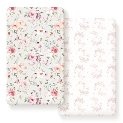 Fitted Crib Sheets Set 2 Pack, Ultra Soft Stretch Jersey Knit Crib Sheet Fit All Standard Crib Mattress Pads Safe and Snug, Crib Fitted Sheet for Baby, Beautiful Flowers and Insects Pattern