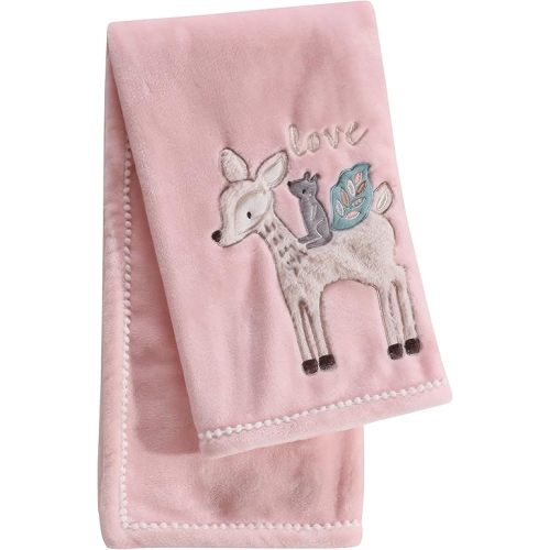 Levtex Baby - Everly Plush Blanket - Appliqued and Embroidered Deer and Squirrel on Pink Plush - Love - Nursery Accessories - Blanket Size: 30 x 40 in.