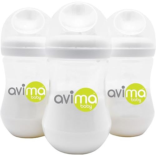Avima Baby 9 oz Anti Colic Baby Bottles for Breastfed Babies - Medium Flow Nipples, Wide Neck Bottle, BPA Free - 3-6 Months, Stage 2 (Set of 3)