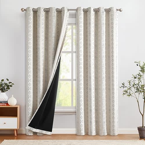 COLLACT 100% Boho Blackout Curtains for Bedroom 90 Inches Long Black on Beige Geometric Stripe Pattern Curtains for Living Room Thermal Insulated Room Darkening Drapes Grommet Window Curtains 2 Panels