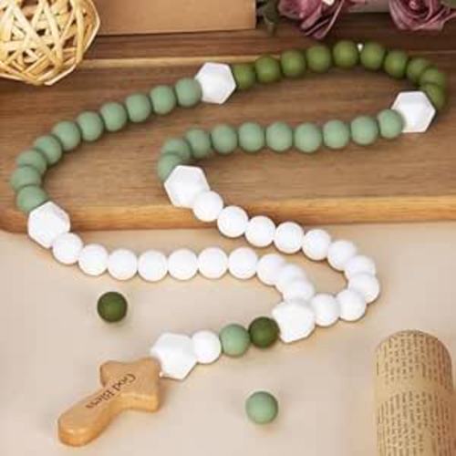 Silicone Baby Rosary with Cross, Baptism Gift Baby Rosary Teether for Boy Girl Kids, My First Rosary Catholic Religious Gifts Christian First Holy Communion Party Decorations, Green