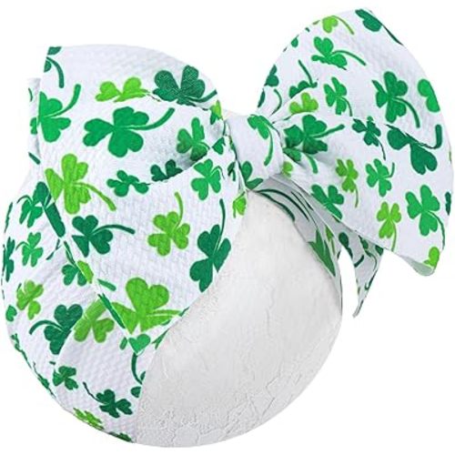 YanJie 7" St.Patrick's Day Baby Girls Headbands Shamrock Print Baby Bows Newborn Wide Hair Bows Handmade St.Patricks Elastics Headband Hair Accessories Gift for Infant Toddlers Kid