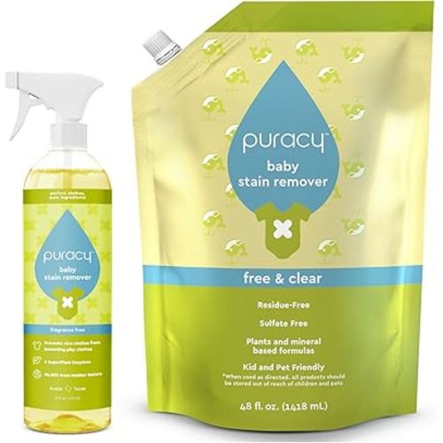 Puracy Natural Baby Stain Remover Bundle - Enzyme-Powered Stain and Odor Eliminator, Fragrance Free Cleaning Spray, Non-Toxic Clothes Stain Remover Spray, 16oz Bottle & 48oz Refill Set