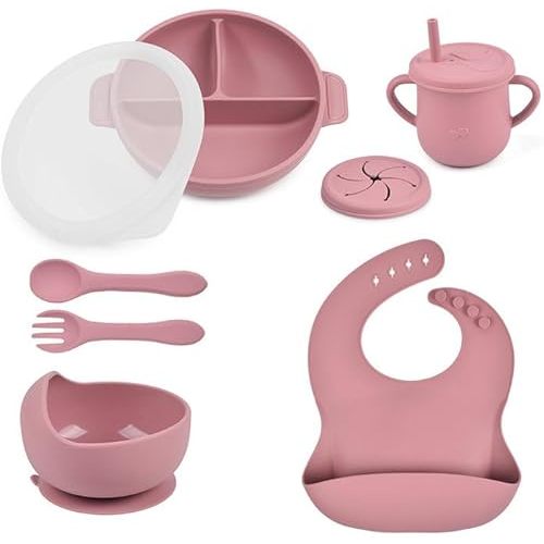 Silicone Baby Feeding Set - Perfect silicone plates for baby and Toddler Plates with lid, Baby Bowls with Suction, Baby Utensils - Baby Led Weaning Supplies and Eating Essentials - (Pink)