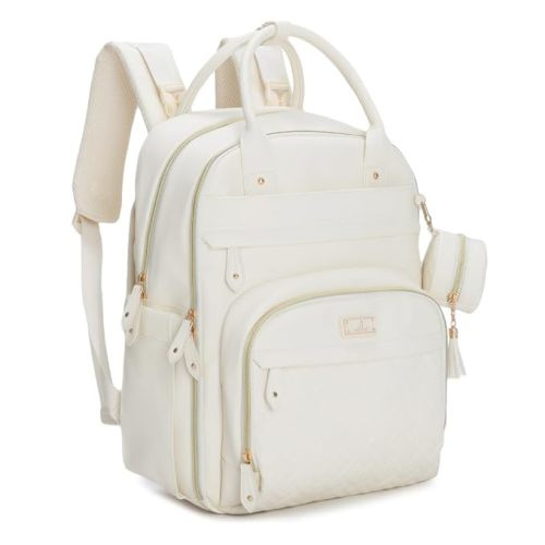 BabbleRoo Leather Diaper Bag Backpack - Baby Essentials Travel Baby Bag, Multi function, Waterproof, with Changing Pad, Stroller Straps & Pacifier Case – Unisex, Eggshell White - Polyester - Vegan Leather – Eggshell White