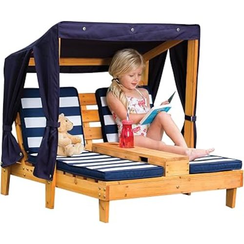 KidKraft Wooden Outdoor Double Chaise Lounge with Cup Holders, Kid's Patio Furniture, Honey with Navy and White Striped Fabric, Gift for Ages 3-8