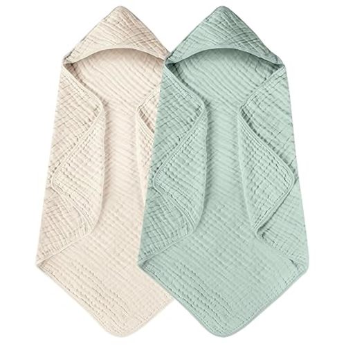 Yoofoss Hooded Baby Towels for Newborn 2 Pack 100% Muslin Cotton Baby Bath Towel with Hood for Babies, Infant, Toddler and Kids, Large 32x32Inch, Soft and Absorbent Newborn Essential - Apricot and Green