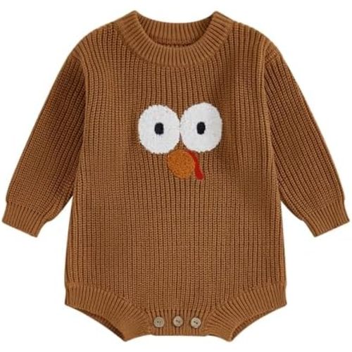 Thanksgiving Baby Girl Boy Outfit Long Sleeve Turkey Knit Sweater Romper Crewneck Pullover Sweatshirt Fall Clothes