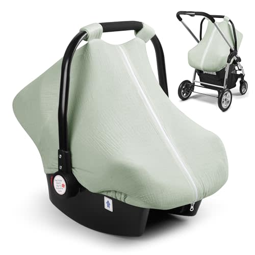 Elstey Muslin Baby Car Seat Cover, Breathable Carseat Canopy with Fully Zipper Opening, Universal Fit Infant Stroller Carrier Covers for Boys and Girls