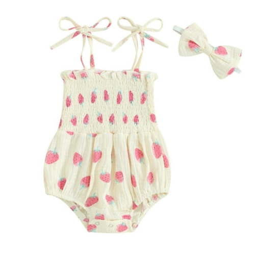 Boiiwant Newborn Girl 2Pcs Summer Outfits Sleeveless Tie Strap Smocked Romper with Headband Set Infant Baby Girl Clothes 0-24 Months