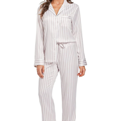 Women's Satin Pajama Set Long Sleeve Button Down Sleepwear 2-Piece Striped Silky Pj Set