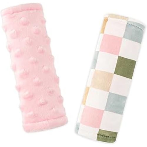 DILIMI Baby Car Seat Belt Covers, 2Pcs Carseat Shoulder Strap Pads, Soft Minky Car Seat Neck Covers, Newborn Car Seat Strap Protectors, Stroller Strap Covers for Baby Kids, Colorful Checkered
