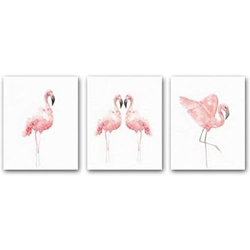 HPNIUB Nordic Flamingo Wall Art Prints Set Of 3 (8”X10”Canvas Watercolor Animals Painting Modern Wall Decor For Nursery Cafe, No Frame