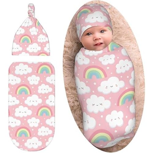 Cute Clouds Rainbow Swaddle Blanket with Beanie Set, Soft Baby Swaddle Sack Newborn Sleeping Sacks for Girls Boys