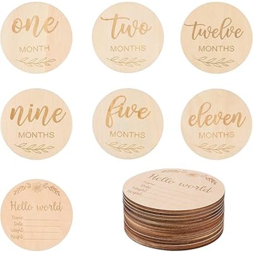 TOYANDONA 14pcs Wooden Baby Monthly Milestone Cards, Double Sided Baby Milestone Discs for Photo Props Baby Shower