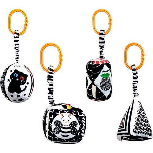 KAKIBLIN Baby Hanging Rattle Toys, 4 Pack Black and White Car Seat Baby Toys Soft Squeaky Stroller Toy for Babies Montessori Sensory Toy 0-12 Months for Newborn Infant, White and Black