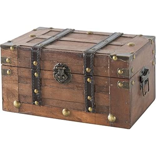 SLPR Alexander Small Wooden Treasure Chest - 11" x 7" x 5.5", Wood Storage Box with Hinged Lid, Decorative Trunk for Keepsakes, Vintage Pirate Chest for Classroom