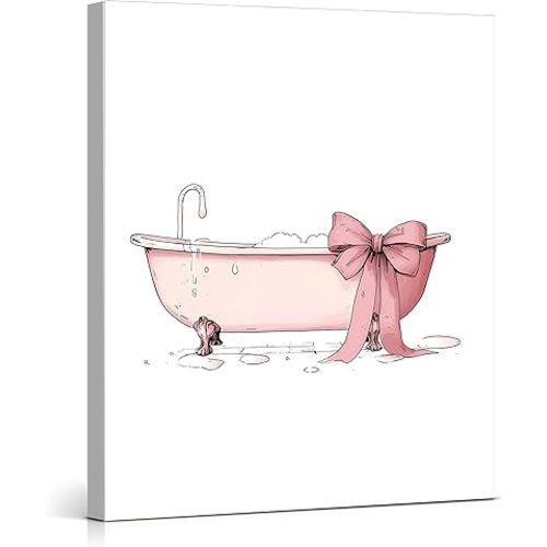 Coquette Pink Bathtub Bathroom Wall Art Decor Preppy Bow Bathtub Picture Artwork Pink Bathroom Wall Decor for Girls Washroom Restroom 8x10 Canvas Framed