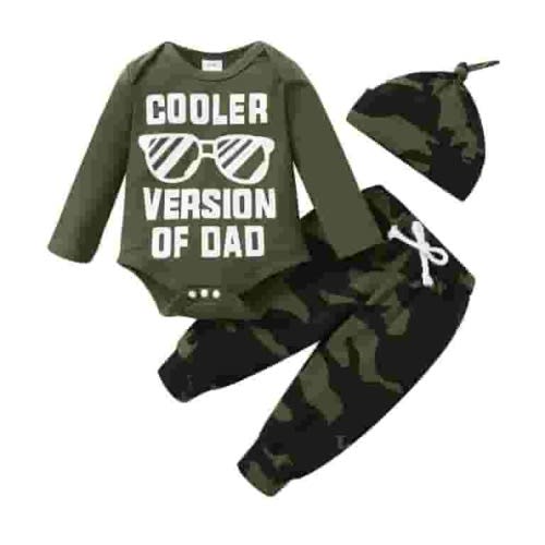 Kucnuzki 0 Months Newborn Baby Boy Winter Outfits Pants Sets 3 Months Long Sleeve COOLER VERSIONS OF DAD Theme Romper Elastic Camouflage Pants Hat 3PCS Set Army Green
