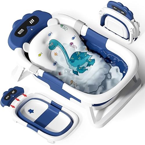 AVIDOR Baby Bathtub,Collapsible Bathtub for Newborn to Toddler,Durable Essential Infant Bath Tub,Portable Travel Baby Tub with Soft Bath Net,No-Slip Feet and Dinosaur Shaped (Navy Blue)