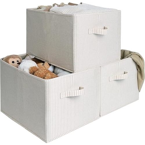 StorageWorks Large Foldable Closet Storage Bins, 3-Pack, Beige Stripes
