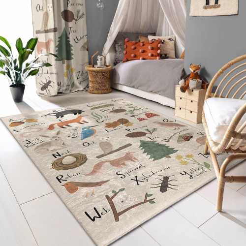 Woodland Animal Learning Rug - Alphabet Forest Design Mat - Nursery Area Carpet - Kids Room Accent -Rustic Nature Inspired-Washable Play Mat