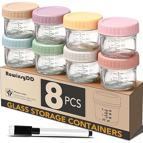 8 Pack Glass Baby Food Storage Containers, 4 oz Leakproof Baby Food Jars with Lids, Small Glass Food Containers for Infant Baby Food, Freezer Safe