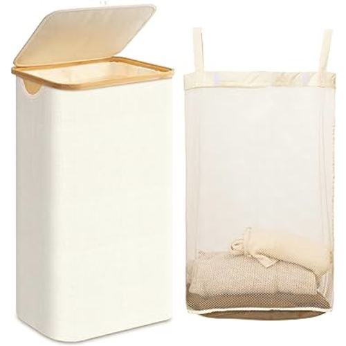Laundry Hamper with Lid, 100L Large Laundry Basket with Bamboo Handles and Removable Inner Bag, Collapsible Dirty Clothes Hamper Laundry Bin for Bathroom, Bedroom, Dorm Laundry Room(Beige)