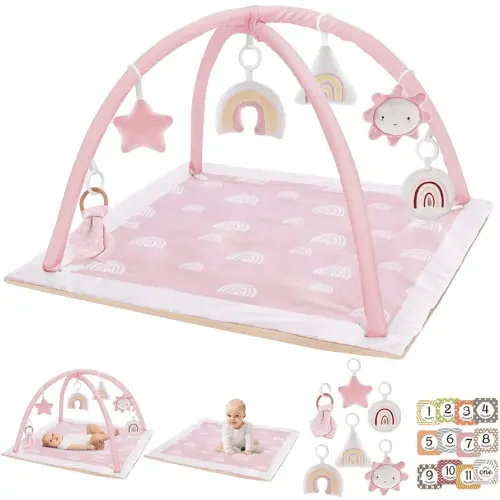 Washable Tummy Time Mat, Baby Play Gym with 6 Featured Toys, Baby Gym for Infant & Toddler, Larger Baby Play Mat, Deluxe Baby Play Mats for Floor, Sensory and Motor Skill Development, Non Slip, Pink